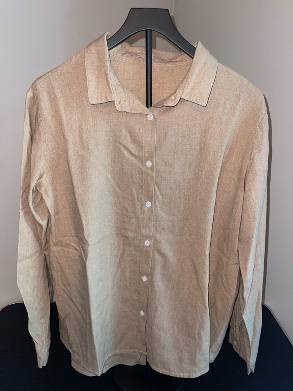 Women's Beige Button-Up Shirt - Classic Long Sleeve Large